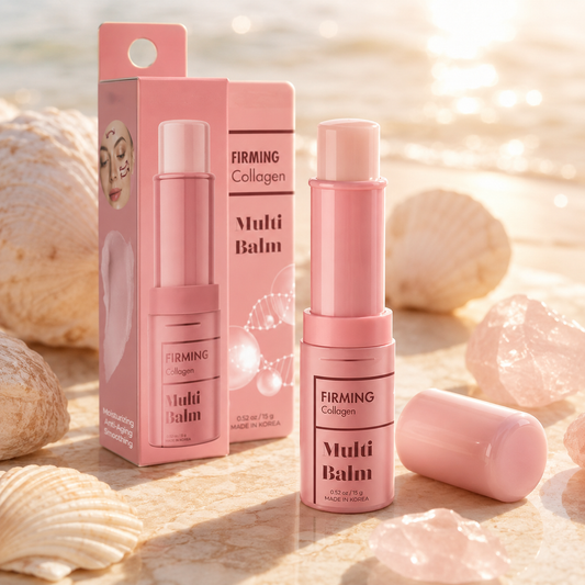 Pink 'Firming Collagen Multi Balm' with packaging on a natural background